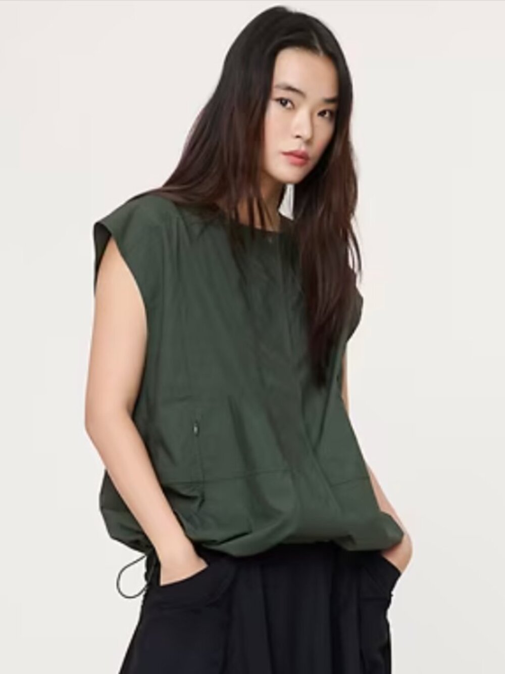 Banana Republic Cotton Poplin Bubble-Hem Top, Sleeveless Zip Blouse in Green S